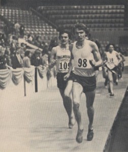 Fred leads the 3,000 meter race competing for Seneca College at Maple Leaf Gardens - the hardwood track was only 140 meters long.
